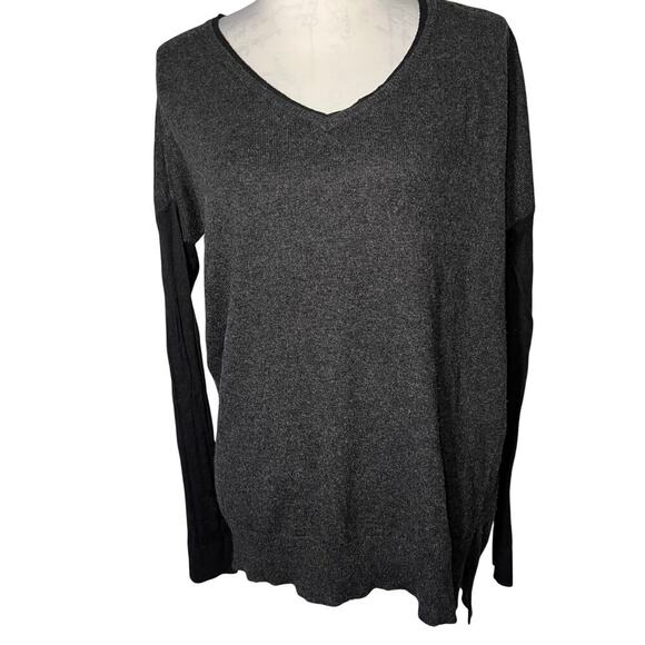 Joan Vass L, Grey Think Black Sleeves Trim V-Neck Front Loose Long Boho Knit Top - Picture 1 of 9